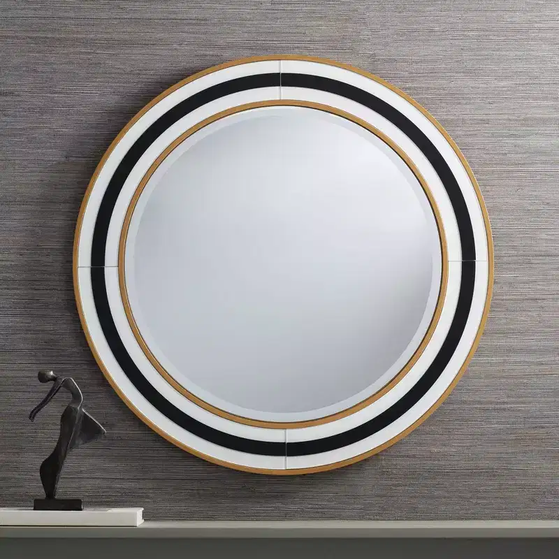 Possini Euro Design Cape Cod Round Vanity Wall Mirror Modern Beveled Glass Black White Gold Frame 31 1/2 Wide for Bathroom Home
