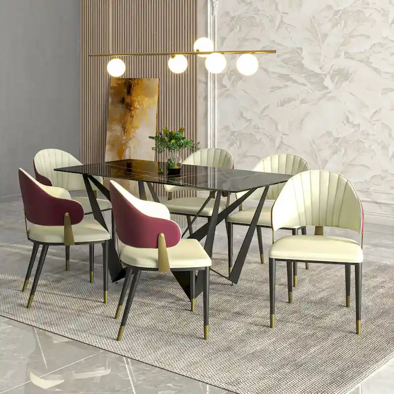 Leather Dining Chair in Iron with Gold Accents Design Modern Ergonomic Side Chair
