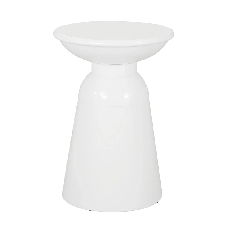 Suma Outdoor End Table, Round 15 Inch Top, Pedestal Base, White Iron