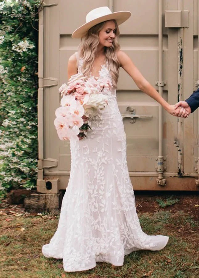 Leaf Lace Appliques  Mermaid V-Neck Backless Long Women Wedding Bridal Dresses