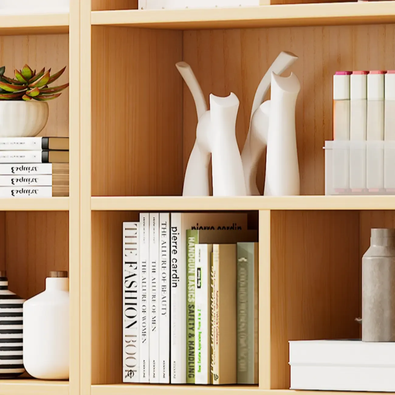 Natural Finish Narrow 6 Shelves Wooden Bookcase with Drawer