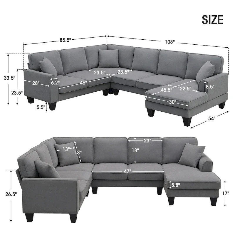 Modern U-Shaped 7-Seater Fabric Sectional Sofa Set with 3 Pillows, 108