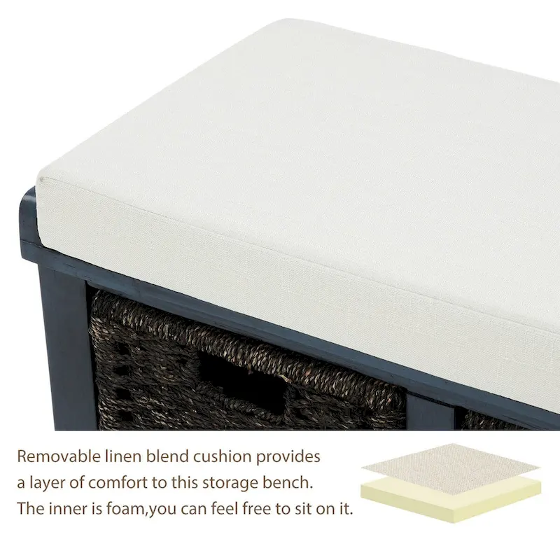 Entryway Bench with 3 Removable Classic Rattan Baskets - 43.7L x 15.7W x 17H