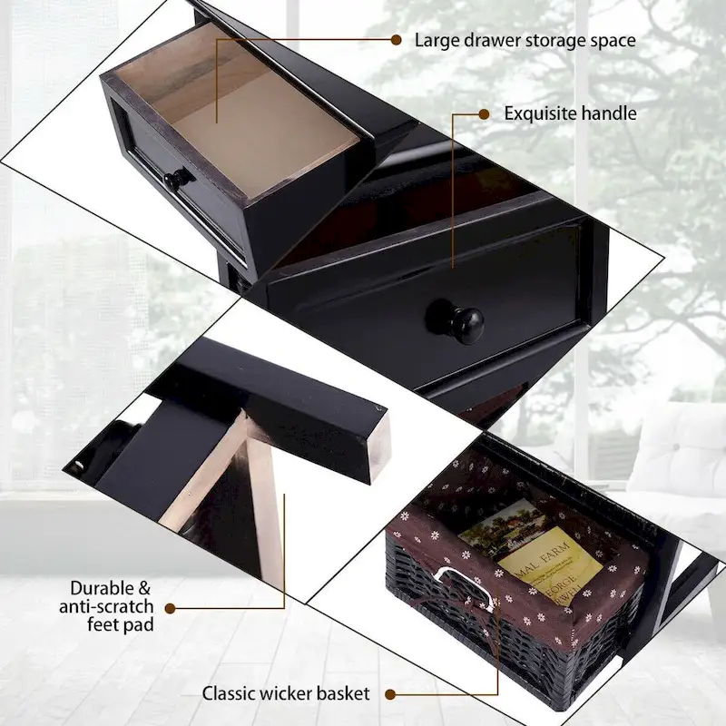 Black Nightstand with 1 Drawer & 3-Tier Open Shelves, Bedside End Table, Bedroom Organizer