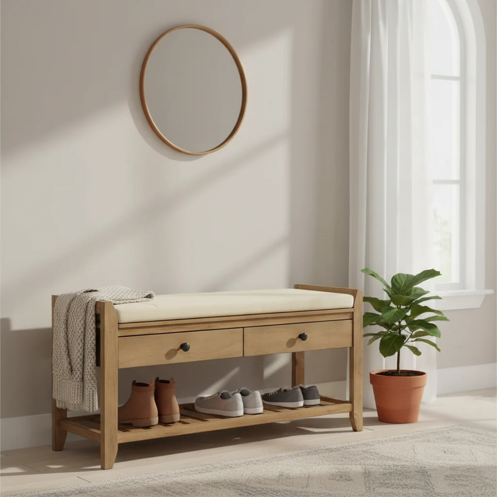 Entryway Storage Bench, Shoe Rack with Cushioned Seat and Drawers