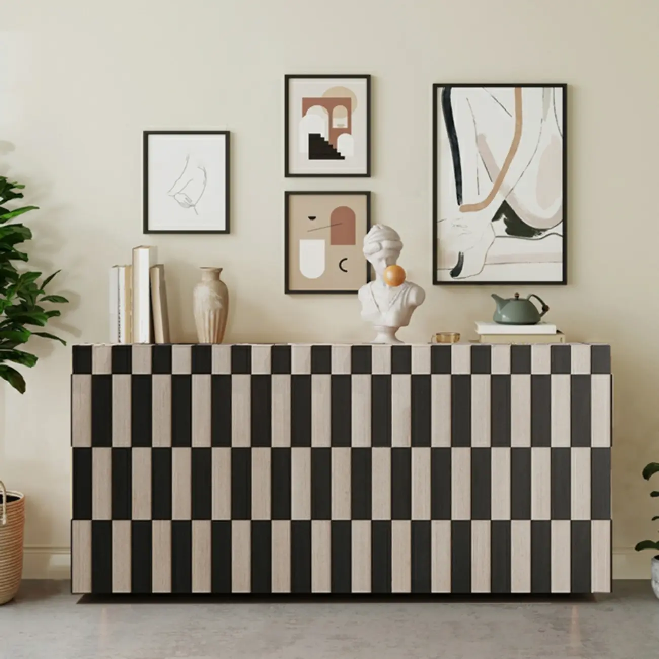 Modern Wooden Sideboard with Storage in Black-White Striped