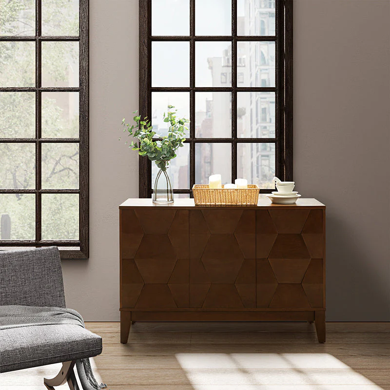 45 in Hexagonal Embossed 3-Door Sideboard with Push-to-Open Doors, 2 Adjustable Shelves & Tapered Rubberwood Legs | Walnut / Seadrift / Black / White | Single