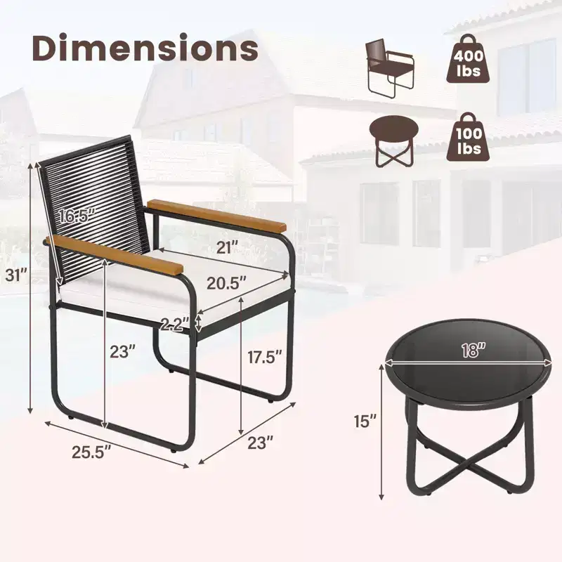Costway 3 PCS Patio Furniture Set with Round Tempered Glass Top Table Armrests & Cushions