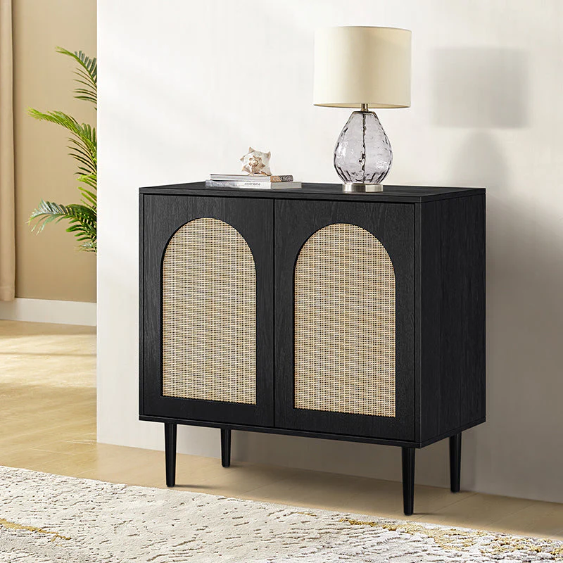 32 in Tall Rattan 2-Door Accent Cabinet with 4 Removable Shelves & Solid Wood Legs | Black / Oak | Single