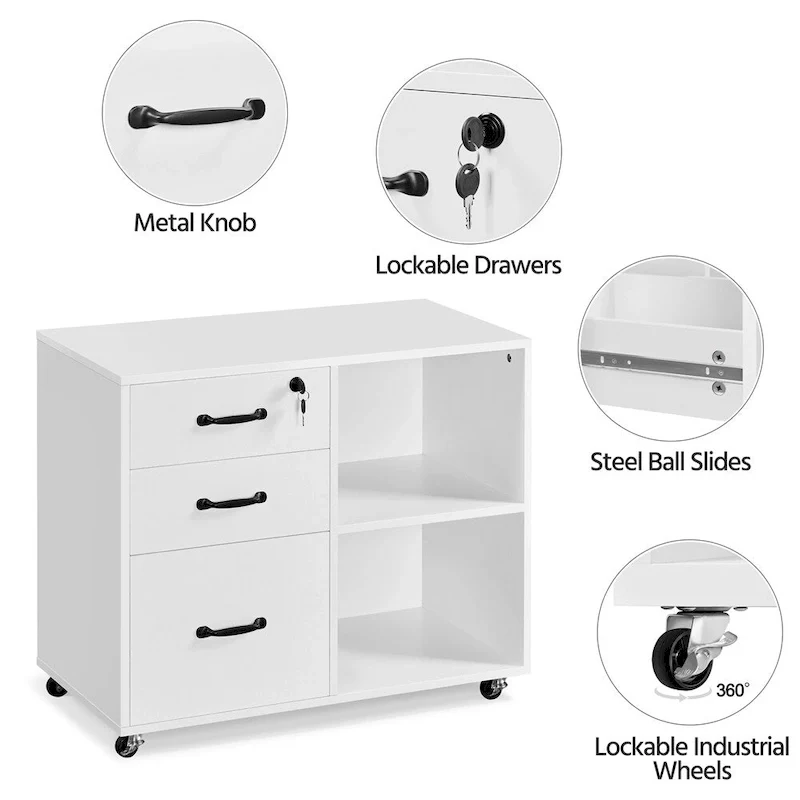 Rolling File Cabinet with 3 Drawers and 2 Shelves