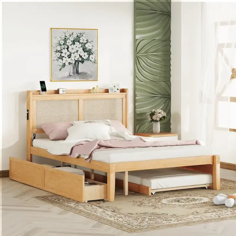 Walnut/White Rattan Headboard Storage Bed with LED & USB, Queen/Full, 2-Person
