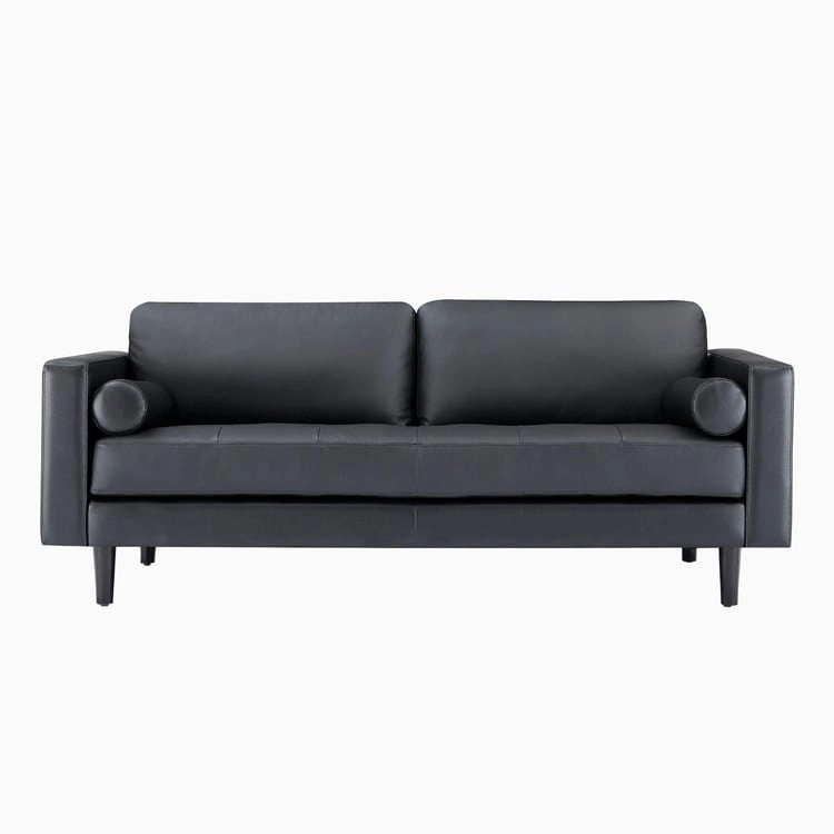 Modern Genuine Leather Sofa with Wooden Legs & Additional Bolster Pillow