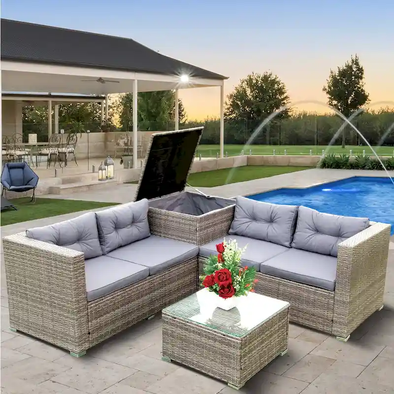Outdoor Wicker 4 Piece Sectional Sofa Set with Storage Box