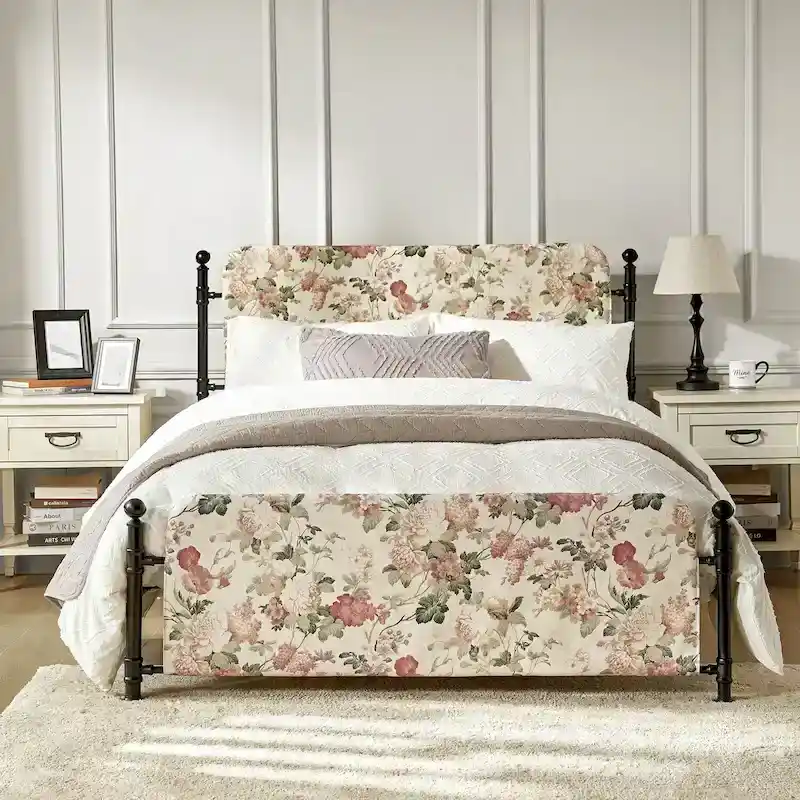 Diana Transitional 62 Floral Upholstered Platform Metal Bed Frame with Washable Slipcover by HULALA HOME