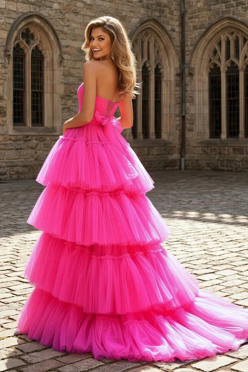 A-line High Low Strapless Tulle Prom Dress with Ruffles