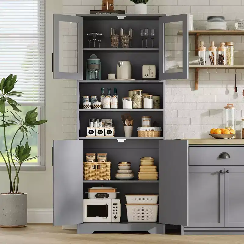 Tall Storage Cabinet with Glass Doors, 67 Freestanding Pantry Cabinet with Adjustable Shelves for Kitchen and Living Room