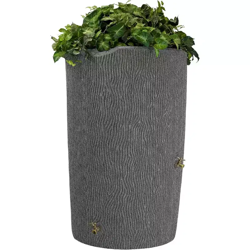 Good Ideas Impressions 90 Gal Bark Rain Saver Barrel, 2 Spigots, Dark Granite + Good Ideas Rain Wizard Rain Barrel Stand, Adds Room for Buckets, Dark