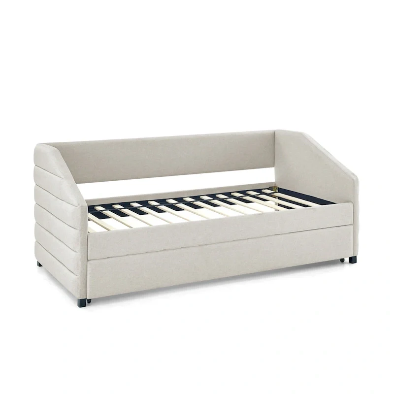 Beige Twin Linen Daybed with Pull-Out Trundle