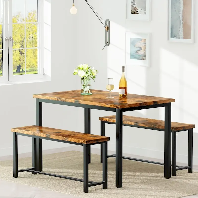 Industrial 3-Piece Dining Table Set, Retro Wood Kitchen Table Set with 2 Benches for Home Kitchen, Dining Room, Restaurant
