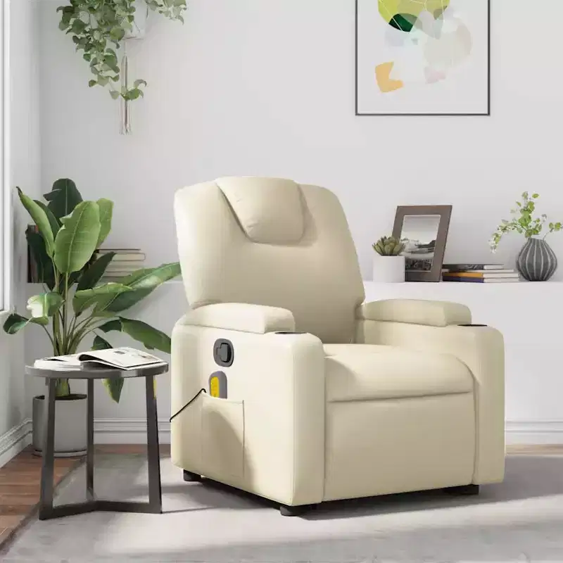 VidaXL Massage Recliner Chair with 6-Point Vibration, Adjustable, Cream Leather