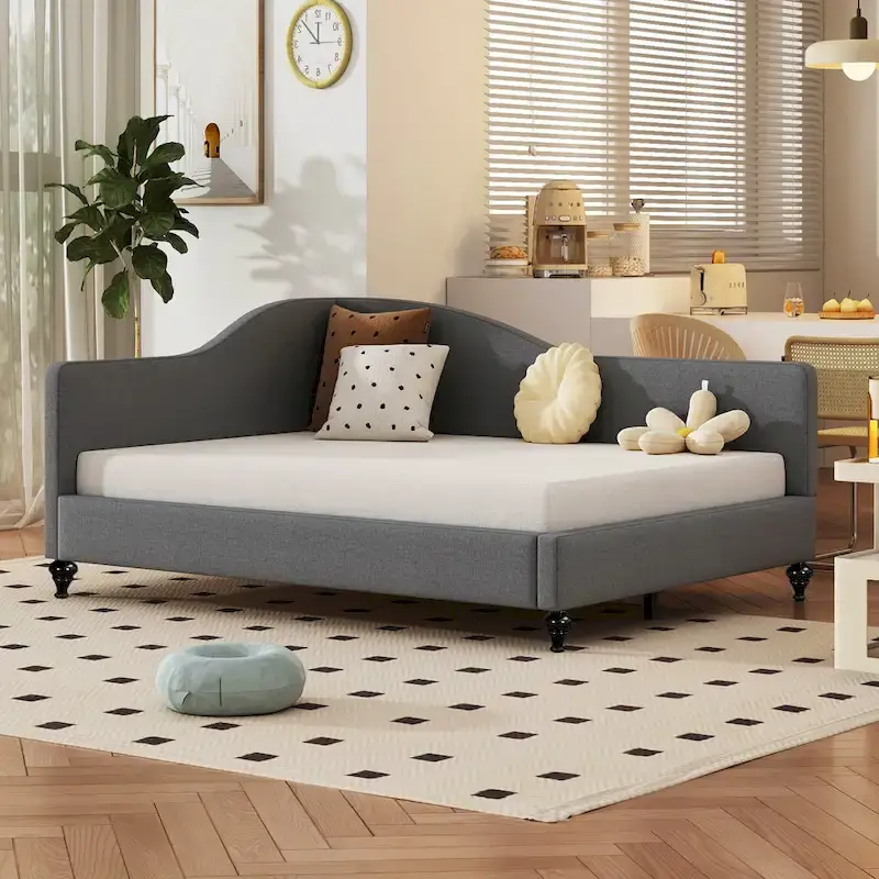 Beige L-Shaped Daybed with Wood Legs - Full