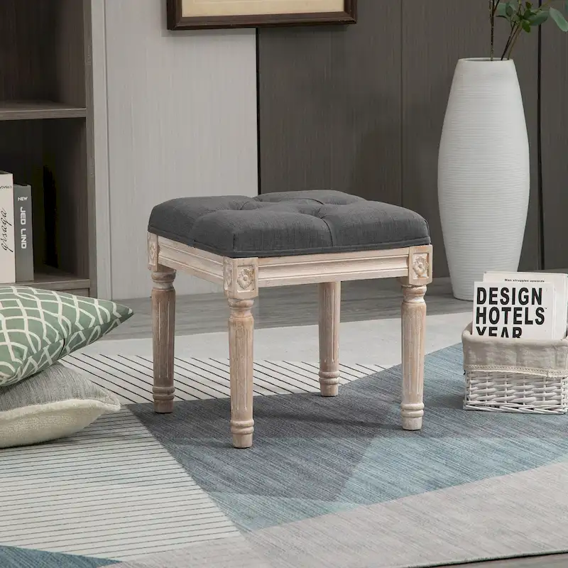 Grey / Beige Tufted Linen Ottoman with Rustic Wood Legs – 15.75