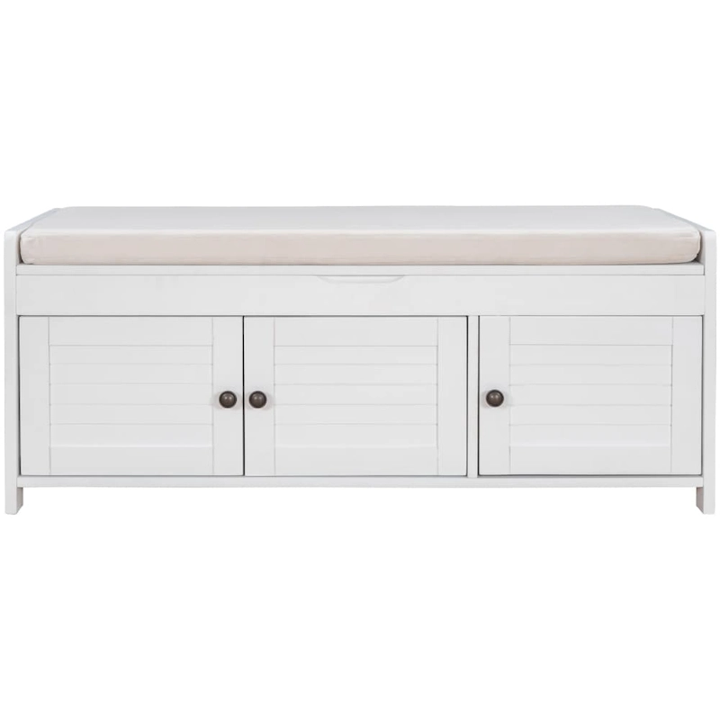 Upholstered Storage Ottoman Bench with 3 Shutter-Shaped Doors Cabinet
