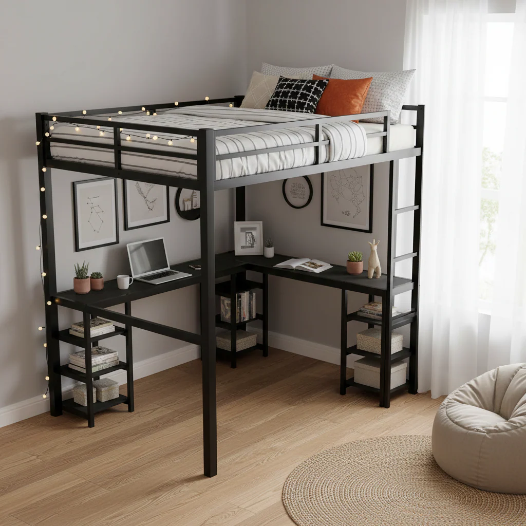 Black Metal Full Loft Bed with Desk and Shelves - L-Shaped Design