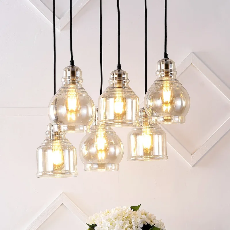 Cooper 18.88  6-Light Bohemian Farmhouse Iron/Glass Cluster LED Pendant, Nickel/Champagne by JONATHAN Y