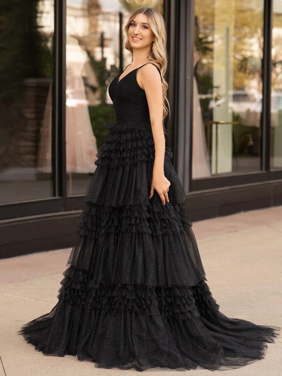 A-Line Deep V Neck Tiered Long Glitter Tulle Prom Dress