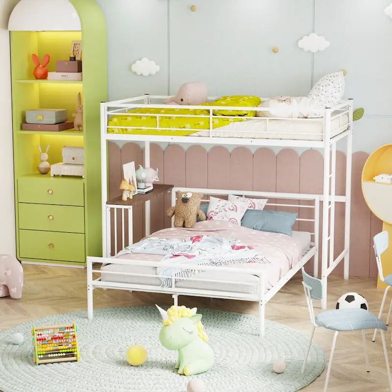 Black/Silver/White Twin-Over-Full Metal Bunk Bed with Desk & Ladder, Sleeps 2