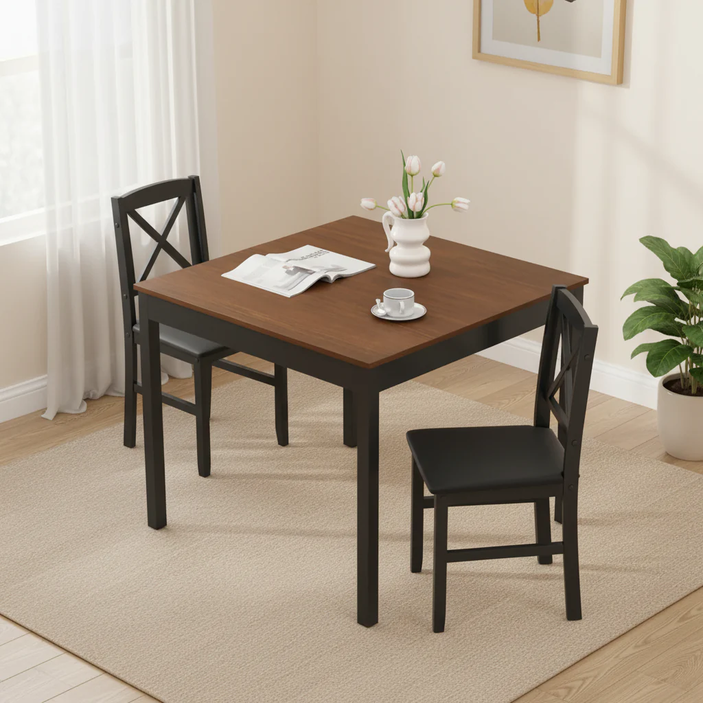 3 PCS Dining Table Set Wooden Square Kitchen Table with 2