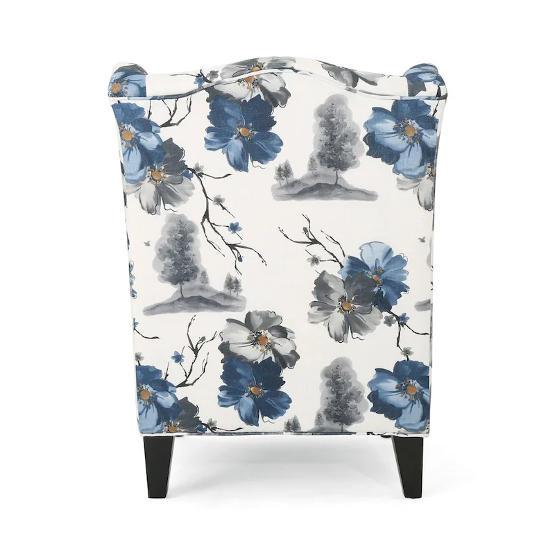 Beige +Blue Flower 28 High-Back Club Chair with Birch Legs