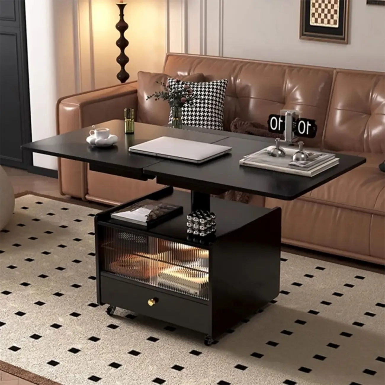 Adjustable Modern Nut-brown Wood Rolling Coffee Table