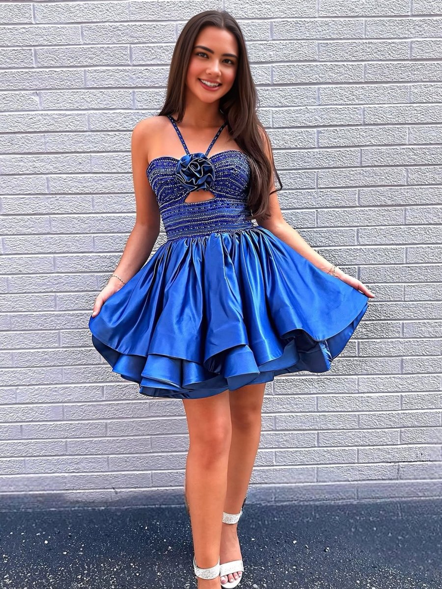 Royal Blue - Halter A Line Satin Beaded Homecoming Dresses With Flower