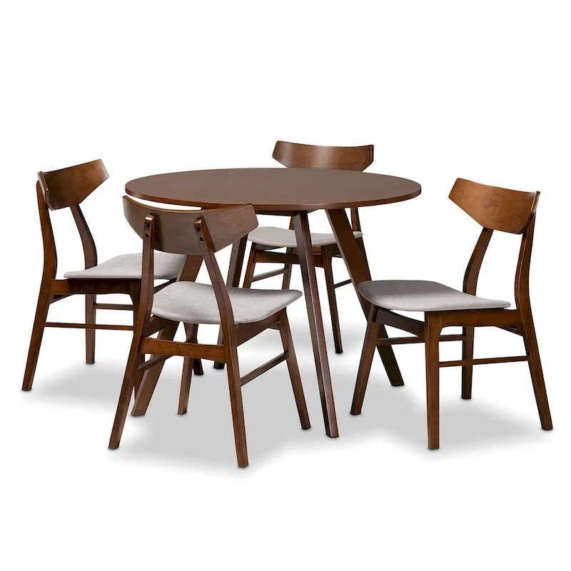 Round Dining Table & 4 Upholstered Chairs, Rubberwood, Walnut Brown, Light Grey