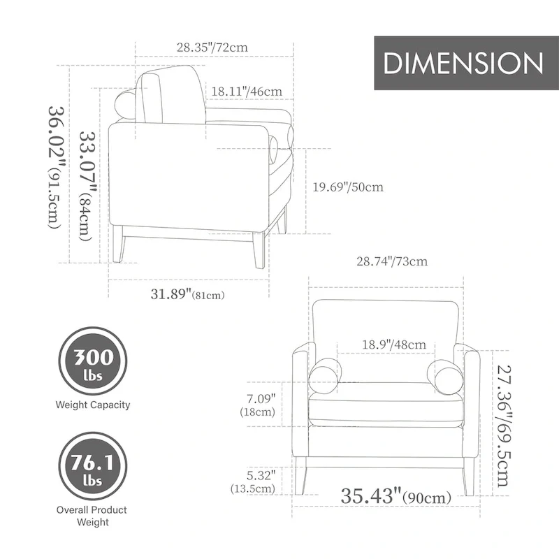 35.4 W Modern Reading Chair,Upholstered Accent Chair with Pillows and Wood Legs