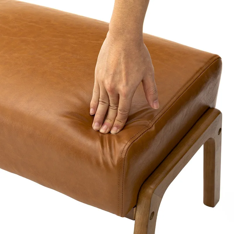 Brown Mid-Century Faux Leather Ottoman Accent Stool, Set of 2