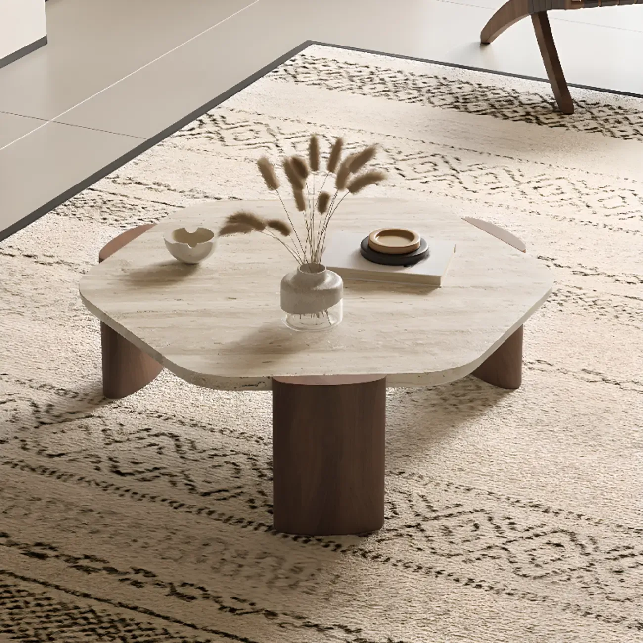 Modern Beige Travertine Top Coffee Table in Hexagon/Round