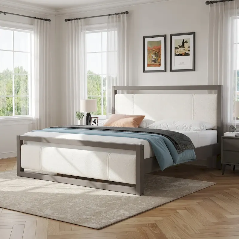 King Platform Bed with Ivory Boucle Headboard, Light Grey, Sleeps 1
