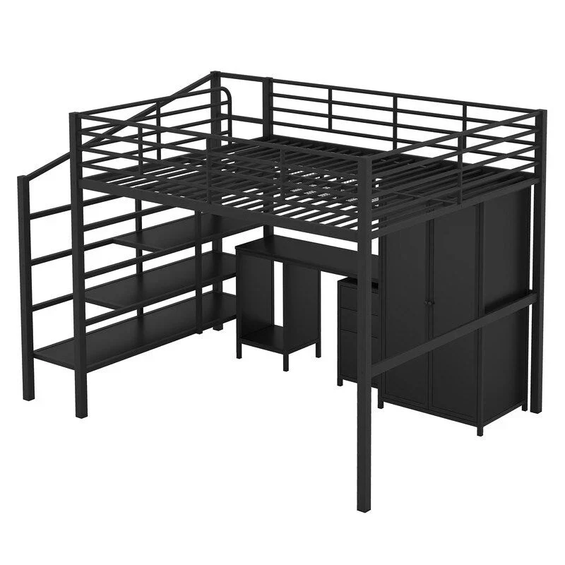 Metal Loft Bed With Wardrobe,Table,Drawer and 4-layers Ladder