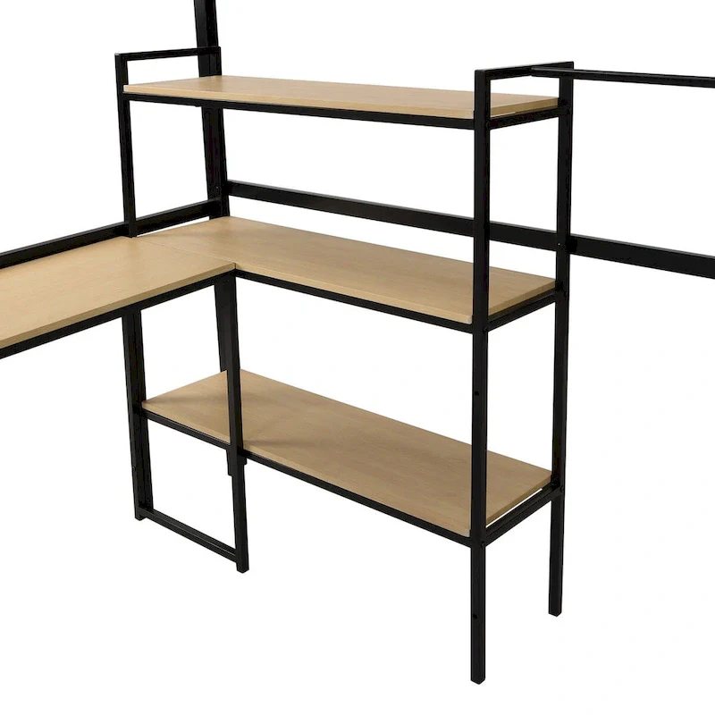 Metal Loft Bed with Staircase, Built-In Desk and Storage Shelves