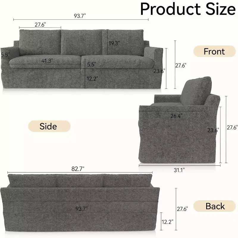 Dyonery 93'' 3-seater sofa with deep seats, modern upholstered sofa with wide armrests, detachable Chenille cover, sofa living room, apartment, grey