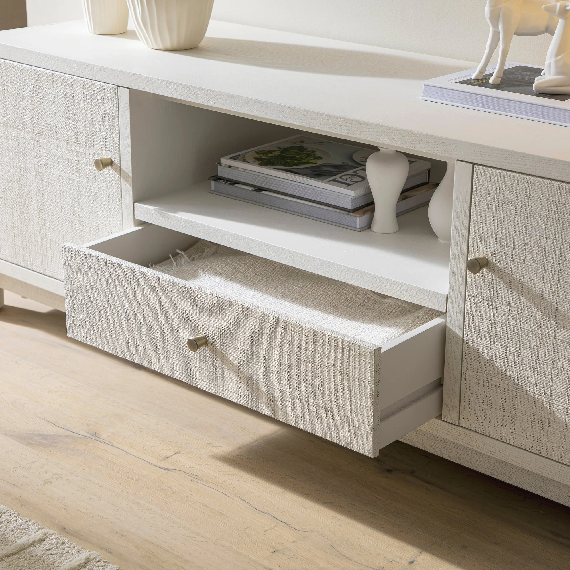 TV Unit, Washed White Ash with Raffia