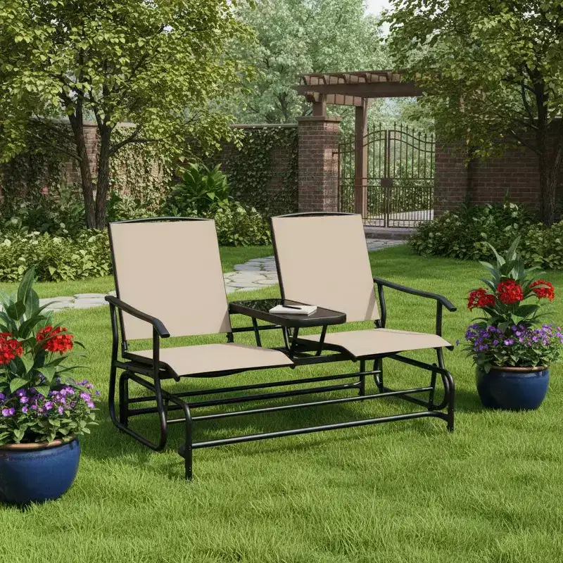 Gymax 2-Person Outdoor Glider Bench with Center Glass Table Patio Swing Lounge Chair Garden Loveseat Rocker Beige
