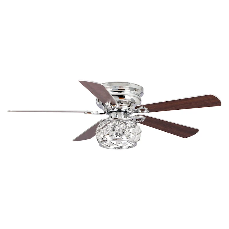 48  Chrome Wooden 5-Blade Crystal Flush Mount Ceiling Fan with Remote