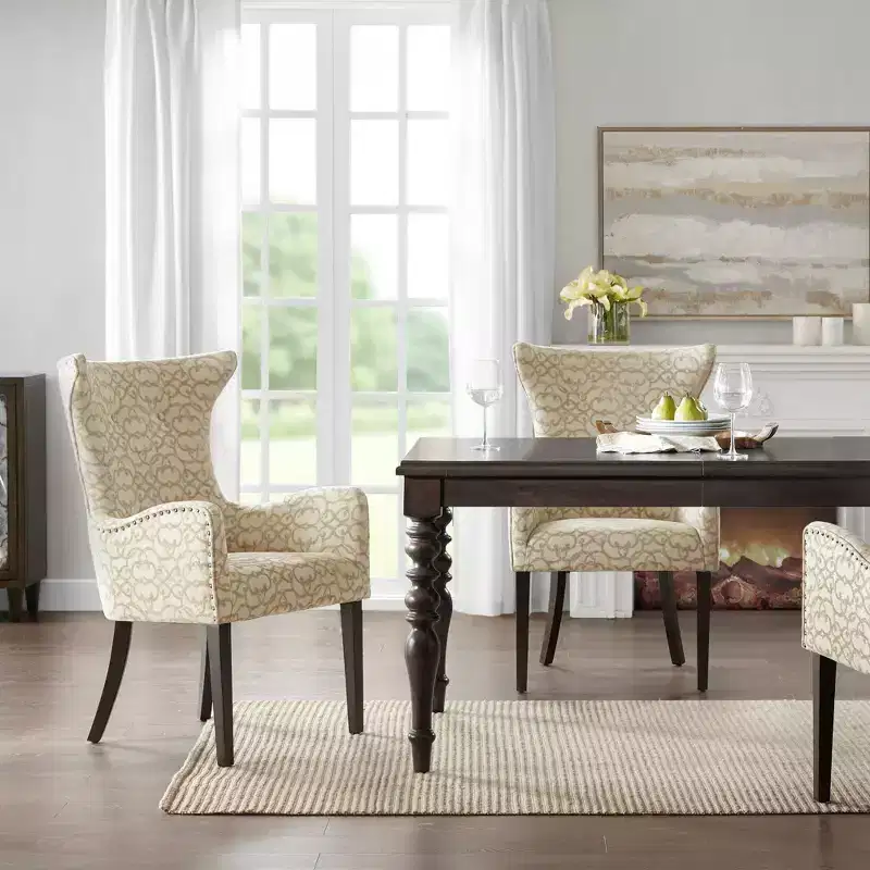 Set of 2 Shin Arm Dining Chair Tan: Upholstered, Bronze Nailhead Trim, Wood Legs
