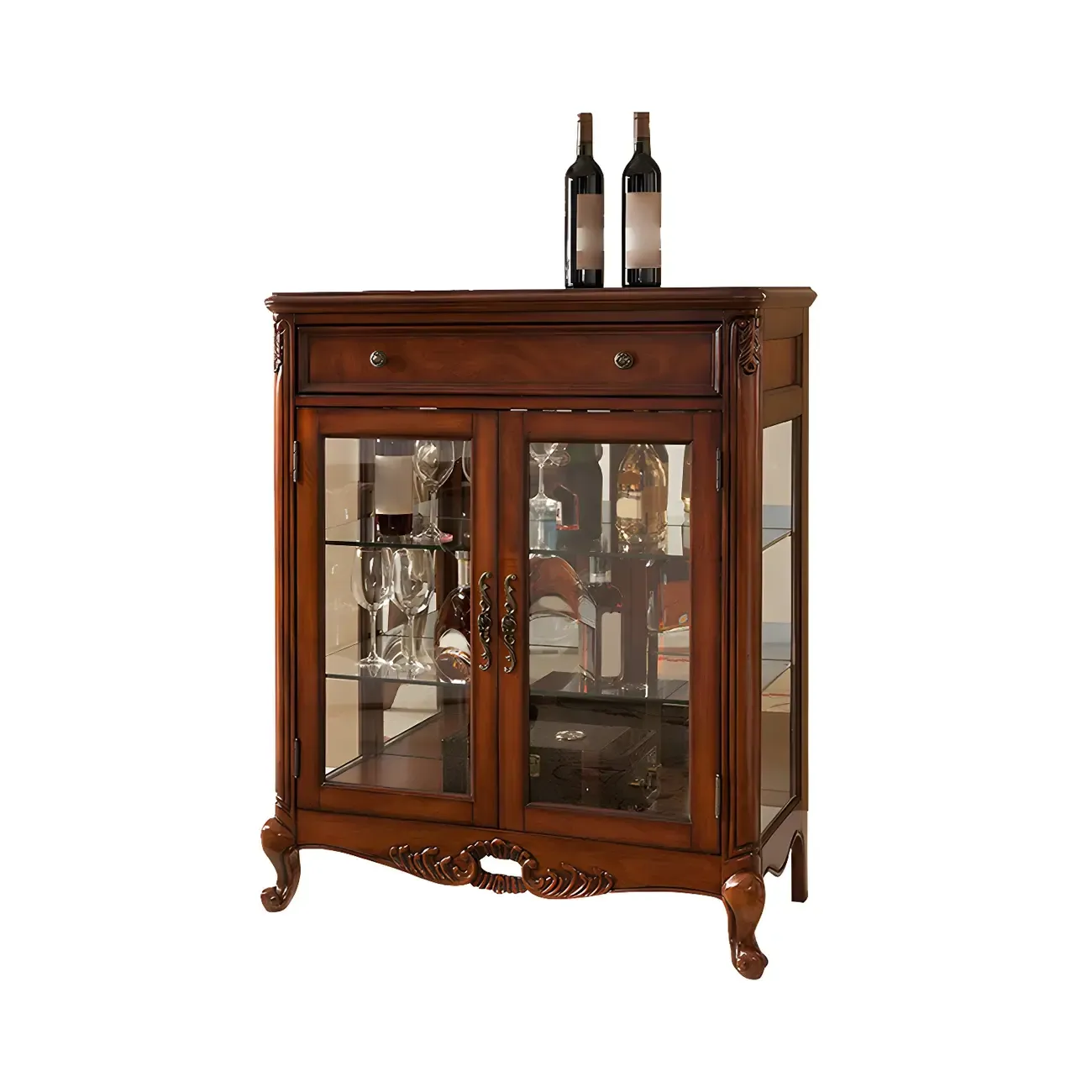Traditional Wood Brown Glass Shelf Display Cabinet