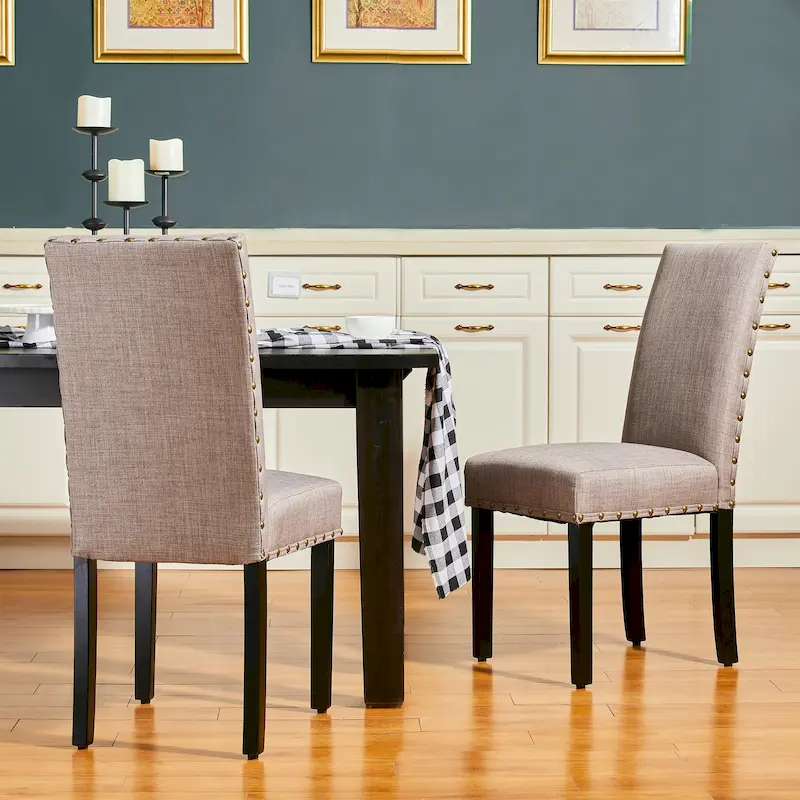 High Back Linen Fabric Dining Chairs with Nailhead Trim – Grey / Cream White / Tan