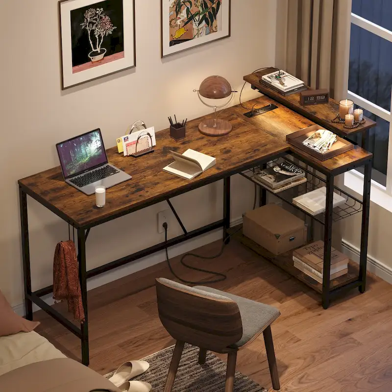 Reversible L Shaped Desk LED Computer Desk with Power Outlets and Monitor Stand Office Desk